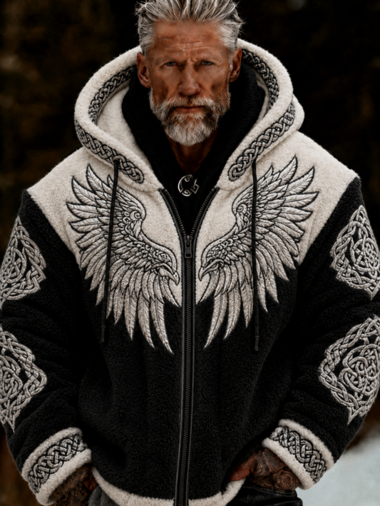 Men's Viking Celtic Art Plush Cozy Warm Zipped Hooded Jacket