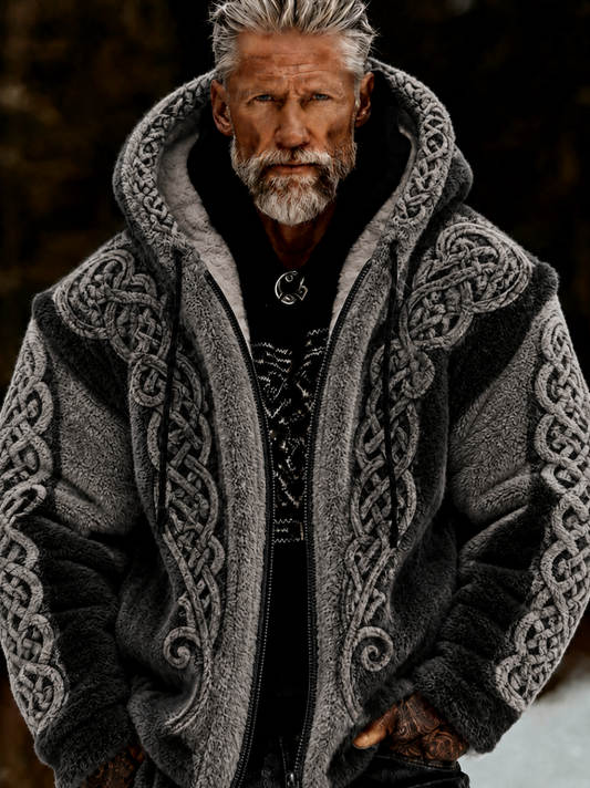 Men's Viking Celtic Art Plush Cozy Warm Zipped Hooded Jacket