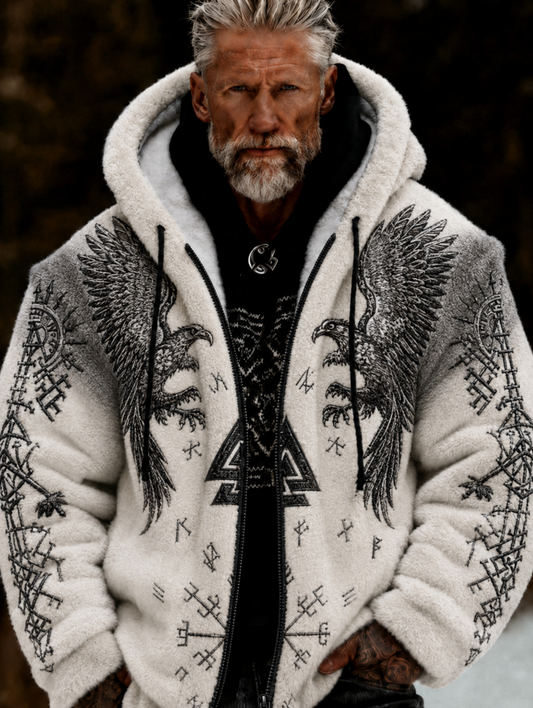Men's Viking Celtic Art Plush Cozy Warm Zipped Hooded Jacket