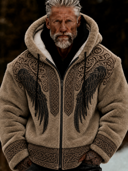 Men's Viking Celtic Art Plush Cozy Warm Zipped Hooded Jacket