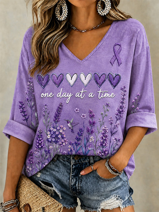 Women's Purple Floral & Alzheimer's Awareness Support Print V-Neck Tee