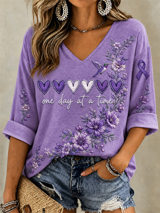 Women's Purple Floral & Alzheimer's Awareness Support Print V-Neck Tee