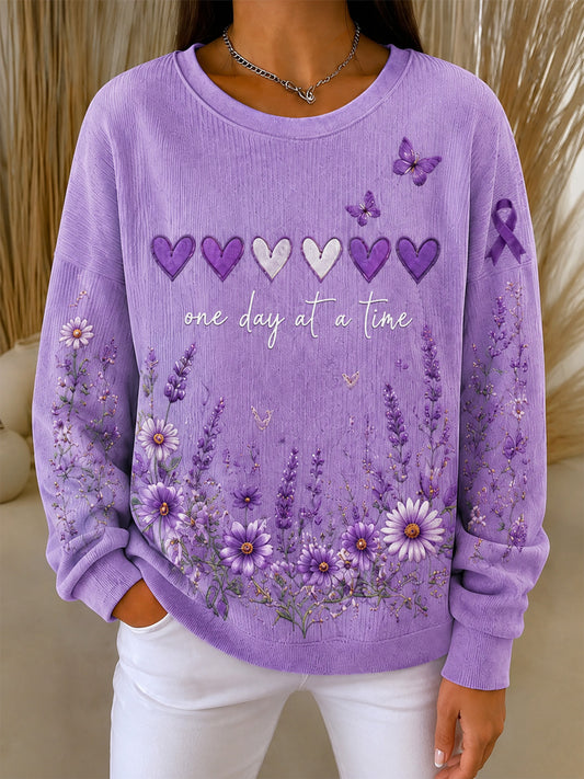 Women's Purple Floral & Alzheimer's Awareness Support Print Ribbed Round-Neck Sweatshirt