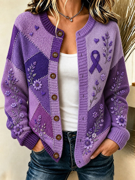 Women's Purple Floral & Alzheimer's Awareness Support Print Cardigan