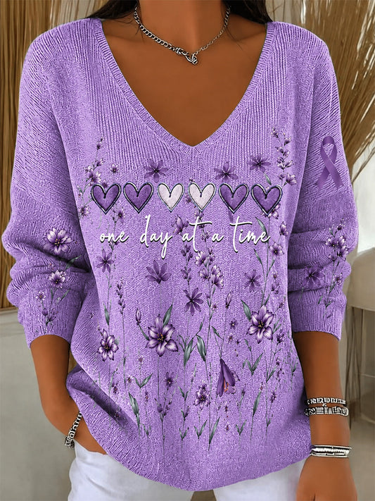 Women's Purple Floral & Alzheimer's Awareness Support Print V-Neck Ribbed Top