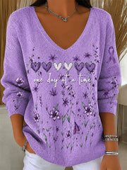 Women's Purple Floral & Alzheimer's Awareness Support Print V-Neck Ribbed Top