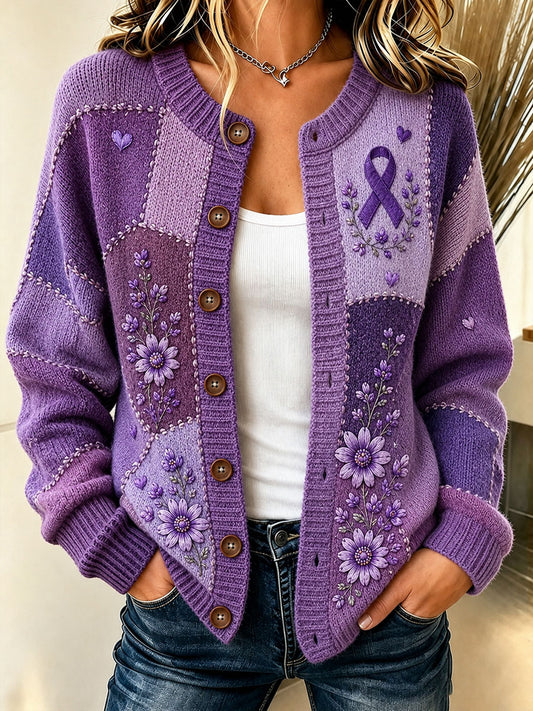 Women's Purple Floral & Alzheimer's Awareness Support Print Cardigan