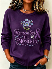Women's Purple Ribbon Remember The Moments Print Crew Neck Sweater