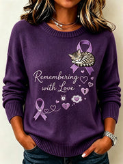 Women's Vintage Purple Ribbon Cute Cat Print Crew Neck Sweater