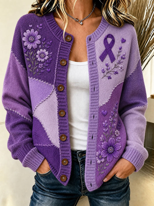 Women's Purple Floral & Alzheimer's Awareness Support Print Cardigan