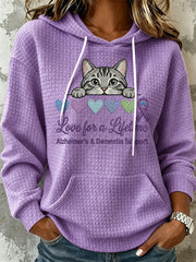 Women's Purple Ribbon Peeking Cat Print Comfy Hooded Sweatshirt