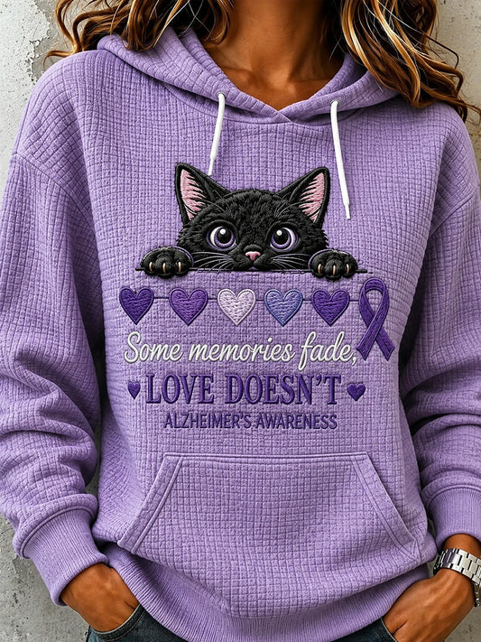Women's Purple Ribbon Peeking Cat Print Comfy Hooded Sweatshirt