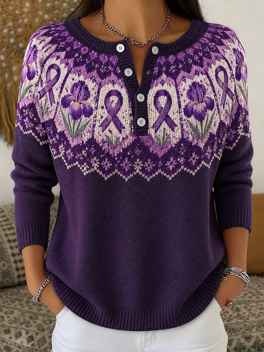 Women's purple floral and purple charity ribbon pattern design casual long-sleeve cardigan