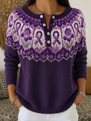Women's purple floral and purple charity ribbon pattern design casual long-sleeve cardigan