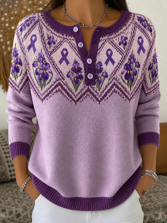 Women's purple floral and purple charity ribbon pattern design casual long-sleeve cardigan