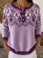 Women's purple floral and purple charity ribbon pattern design casual long-sleeve cardigan