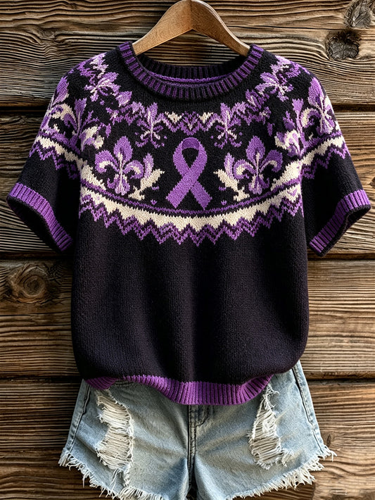 Women's purple floral and purple charity ribbon pattern design casual short sleeve sweater