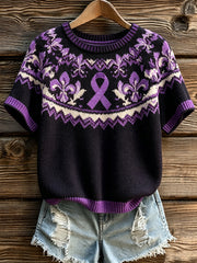 Women's purple floral and purple charity ribbon pattern design casual short sleeve sweater