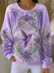 Women's Alzheimer's Awareness Flower Hummingbird Ribbed Round-Neck Sweatshirt