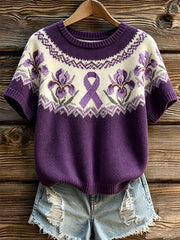 Women's purple floral and purple charity ribbon pattern design casual short sleeve sweater