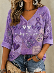 Women's Purple Floral & Alzheimer's Awareness Support Print V-Neck Tee