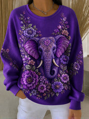 Women's Alzheimer's Awareness Floral Elephant Print Ribbed Round-Neck Sweatshirt
