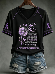 Women's Alzheimer's Awareness Purple Art Print V-neck off-shoulder short-sleeved T-shirt