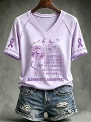 Women's Alzheimer's Awareness Purple Art Print V-neck off-shoulder short-sleeved T-shirt