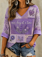 Women's Purple Floral & Alzheimer's Awareness Support Print V-Neck Tee