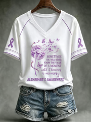 Women's Alzheimer's Awareness Purple Art Print V-neck off-shoulder short-sleeved T-shirt
