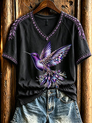 Women's Alzheimer's Awareness Hummingbird Print V-neck T-shirt