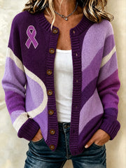Women's Purple Color Block Design Casual Cardigan-Style Knit Jacket