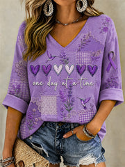 Women's Purple Floral & Alzheimer's Awareness Support Print V-Neck Tee