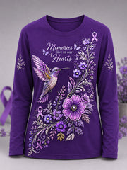 Women's Purple Floral & Hummingbird Print Alzheimer's Awareness Support Long Sleeve T-Shirt