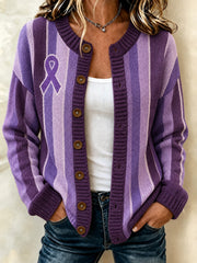 Women's Purple Color Block Design Casual Cardigan-Style Knit Jacket