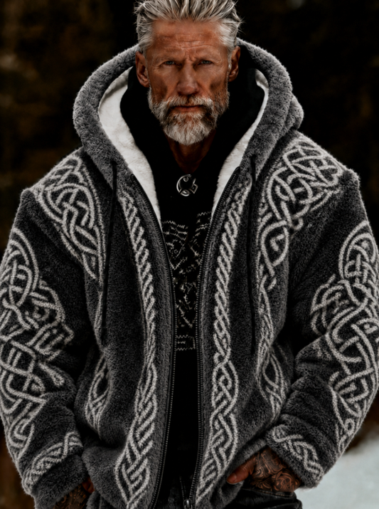 Men's Viking Celtic Art Plush Cozy Warm Zipped Hooded Jacket