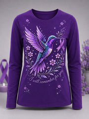 Women's Purple Floral & Hummingbird Print Alzheimer's Awareness Support Long Sleeve T-Shirt
