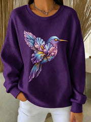Women's Alzheimer's Awareness Floral Hummingbird Print Ribbed Round-Neck Sweatshirt