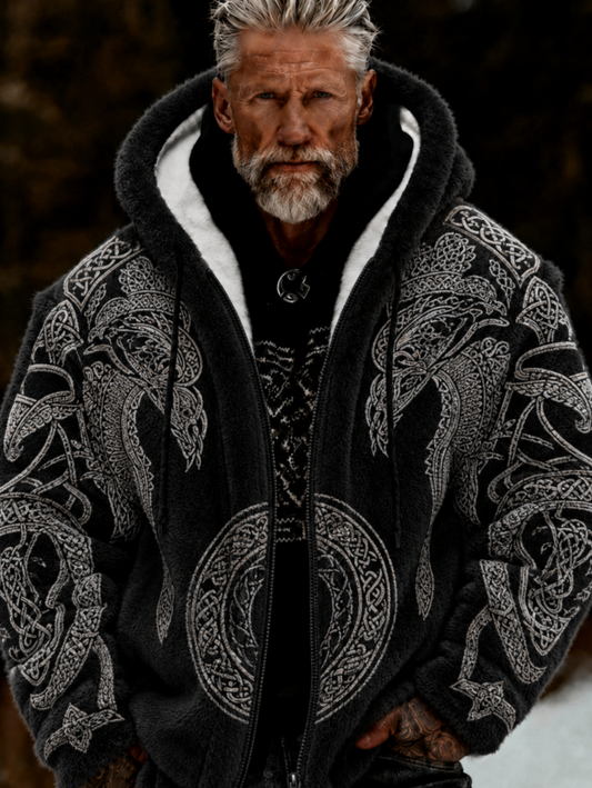 Men's Viking Celtic Art Plush Cozy Warm Zipped Hooded Jacket