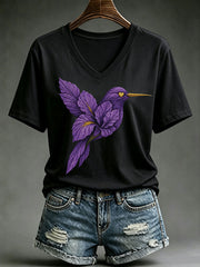 Women's Alzheimer's Awareness Floral Hummingbird Print Short-sleeved T-shirt