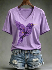 Women's Alzheimer's Awareness Floral Hummingbird Print Short-sleeved T-shirt