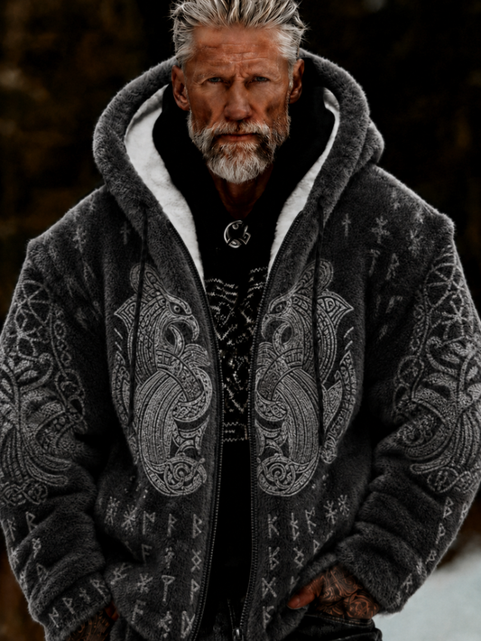 Men's Viking Celtic Art Plush Cozy Warm Zipped Hooded Jacket