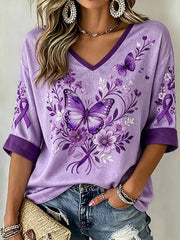 Women's purple floral and purple charity ribbon pattern design casual mid-length sleeves V-neck T-shirt