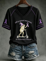 Women's Alzheimer's Awareness Purple Art Print V-neck off-shoulder short-sleeved T-shirt