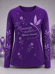 Women's Purple Floral & Dragonfly Print Alzheimer's Awareness Support Long-Sleeve T-Shirt