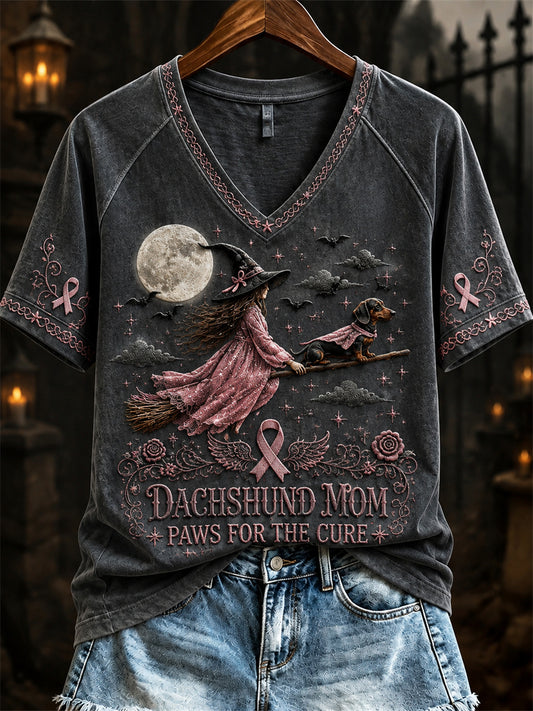 Women's Halloween Dachshund Mom Breast Cancer Awareness short-sleeved T-shirt