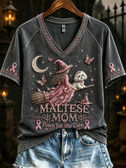 Women's Halloween Maltese Mom Breast Cancer Awareness short-sleeved T-shirt