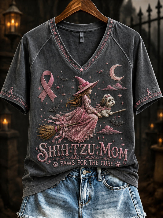 Women's Halloween Shih Tzu Mom Breast Cancer Awareness short-sleeved T-shirt