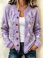 Women's Purple Flowers Pattern Printed Causal Cardigan-Style Knit Jacket