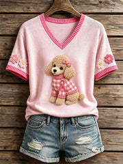 Women's Felt Art Poodle Pattern Knit Top